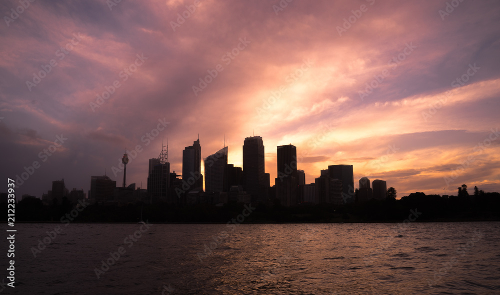 12-01-2018 : Sydney, Australia. Sydney harbour cityscape with silhouette city building at dusk, the most busiest attractive city in Sydney.