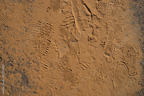 Fototapeta Naklejka Na Ścianę i Meble -  texture of shoes foot prints on golden sand background