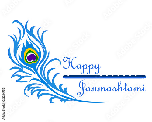 The inscription Happy Janmashtami with peacock feather and flute.
