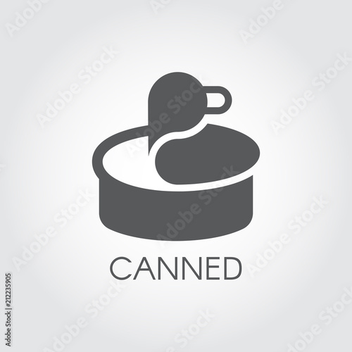 Tin can icon in glyph style. Stew or canned product - ration for military or tourists goods concept label. Black nutrition emblem. Vector illustration preserve or conserve logo