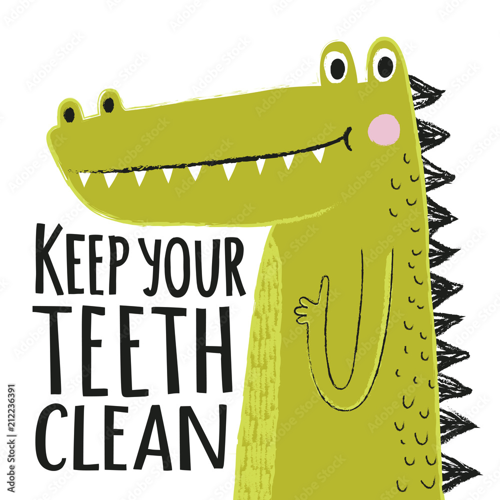 Fototapeta premium Ilustracja wektorowa z uśmiechniętym krokodylem i tekstem napisu - Utrzymuj zęby w czystości