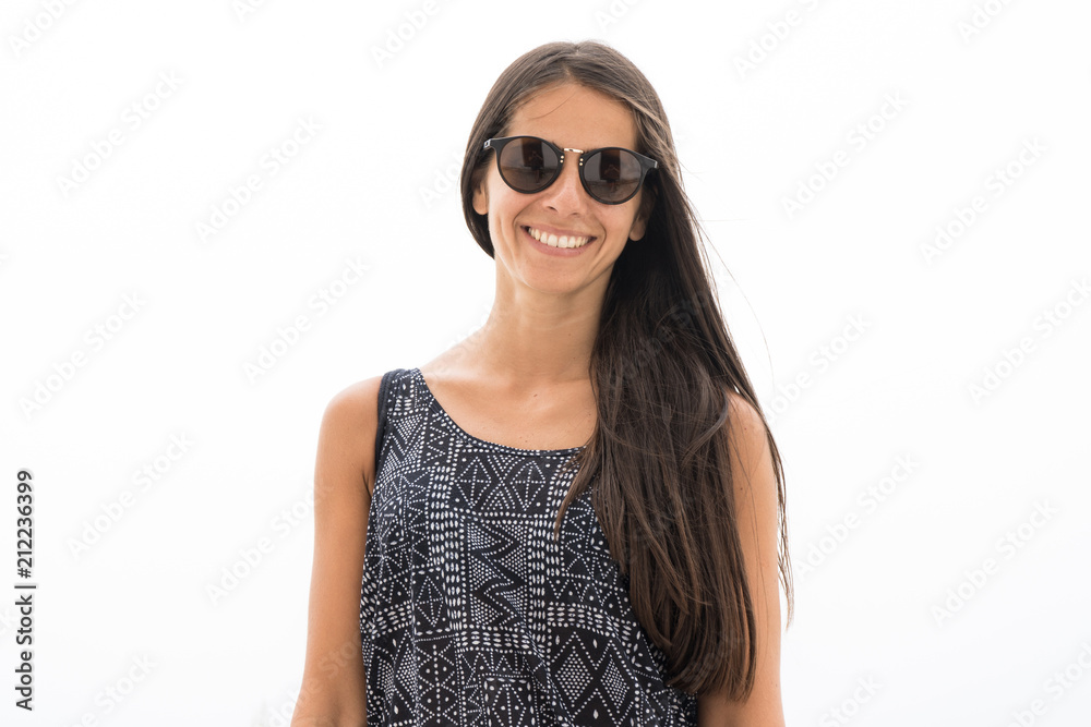 Smiling woman portrait with sunglasses Smiling woman portrait with sunglasses