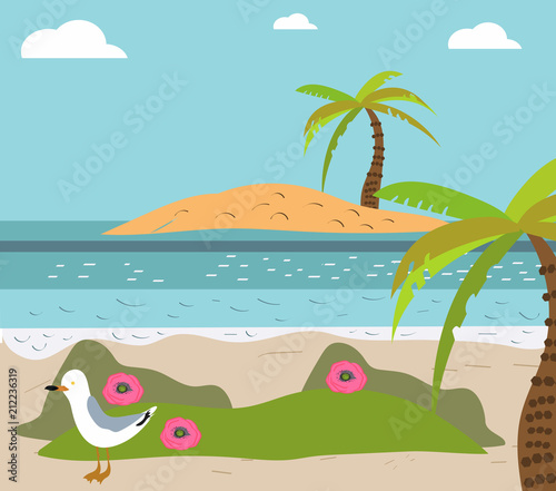 Summer background  poster in retro style with the sea  palm trees and seagulls. Vector