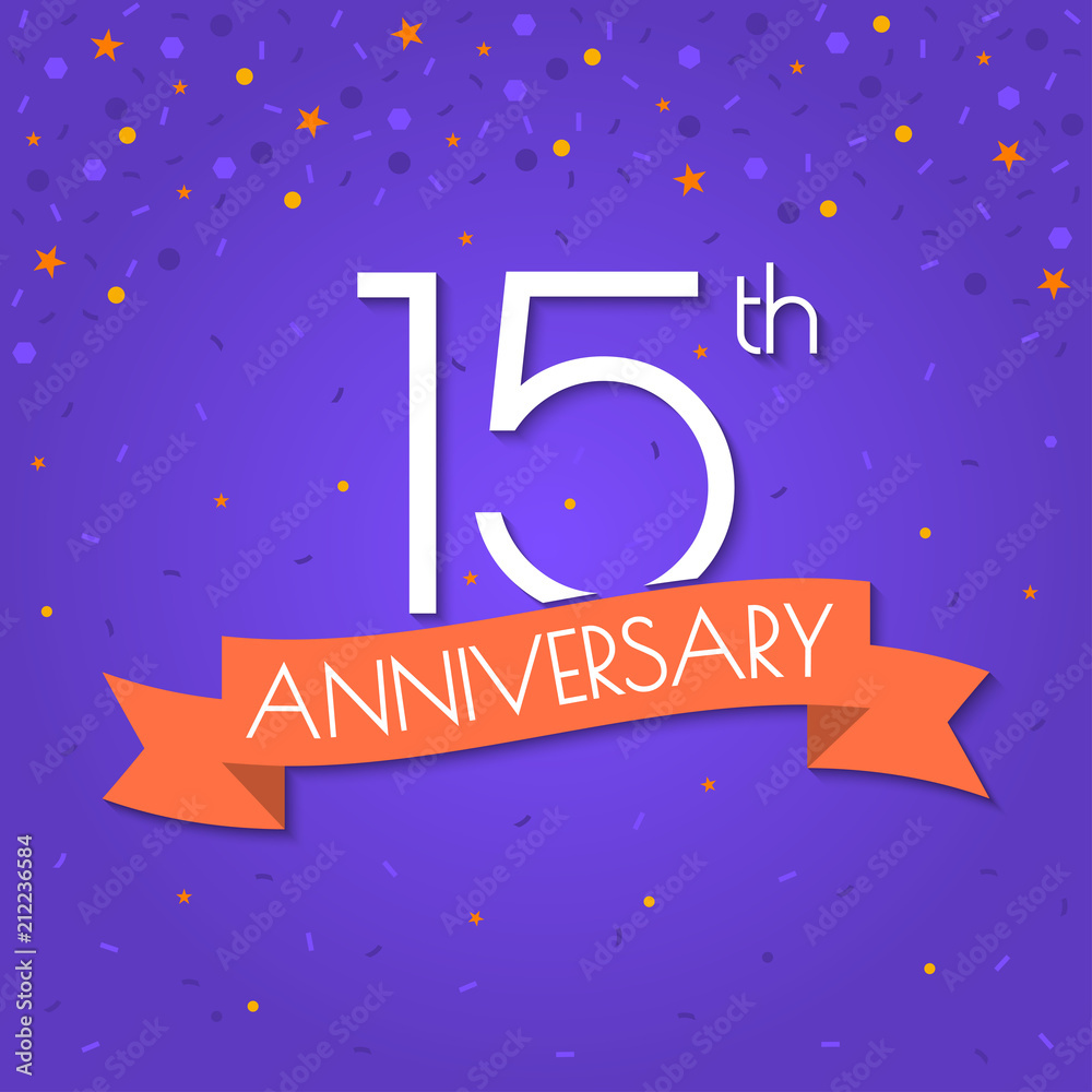 Naklejka premium 15 years anniversary logo isolated on confetti background. 15th anniversary banner with ribbon. Birthday, celebration, party, invitation card design element. Vector illustration.