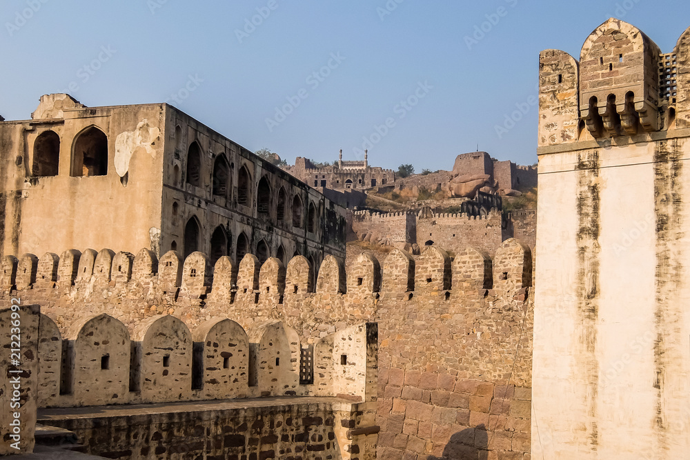 Hyderabad, India - January, 4th, 2018. Golkonda is a citadel and fort in Southern India and was the capital of the medieval sultanate of the Qutb Shahi dynasty, is situated 11 km west of Hyderabad.