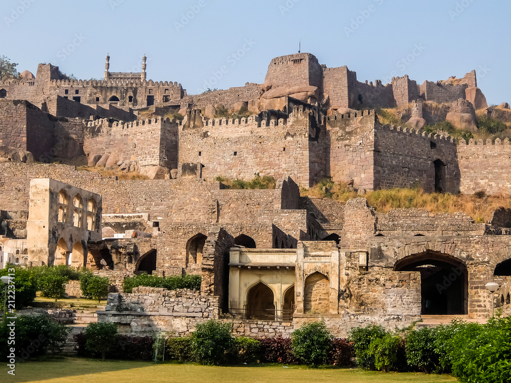 Hyderabad, India - January, 4th, 2018. Golkonda is a citadel and fort in Southern India and was the capital of the medieval sultanate of the Qutb Shahi dynasty, is situated 11 km west of Hyderabad.