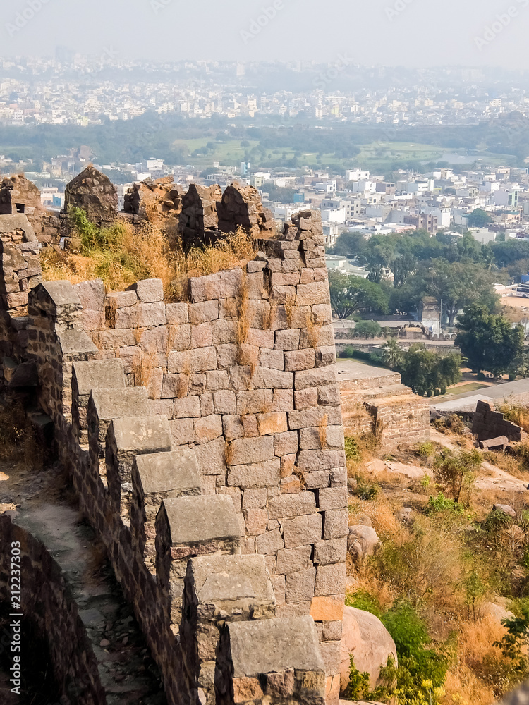 Hyderabad, India. View of Hyderabad cityscape from Golkonda fort walls.