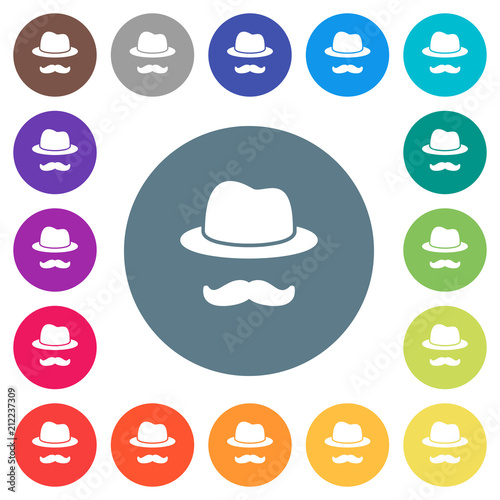 Incognito with mustache flat white icons on round color backgrounds