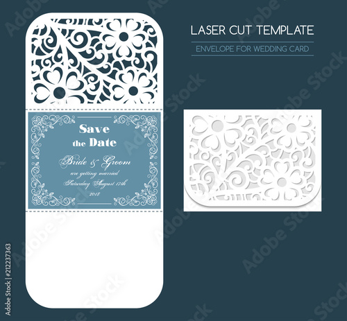 Envelope for wedding invitation or greeting card. Template for laser cutting. Vector illustration