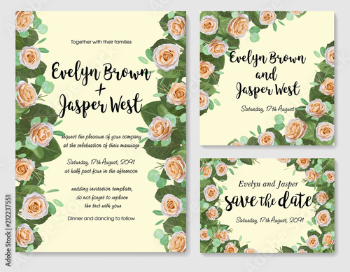 Wedding floral watercolor style invite, rsvp save the date thank you card Design with creamy garden rose, green eucalyptus leaves decor. Vector elegant template set