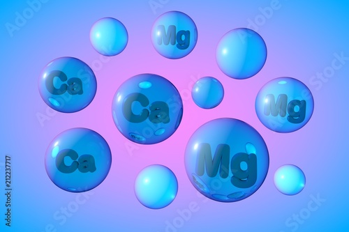 Transparent calcium and magnesium pills on colorful background. Mineral and vitamin complex. 3d illustration