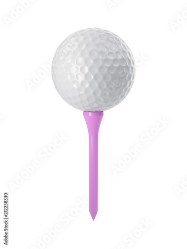 3D rendering golf ball on pink tee isolated on white