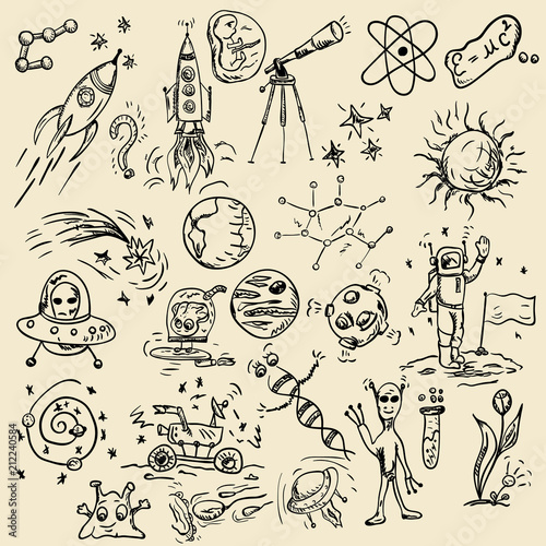 large set of childrens contour drawings on a space theme