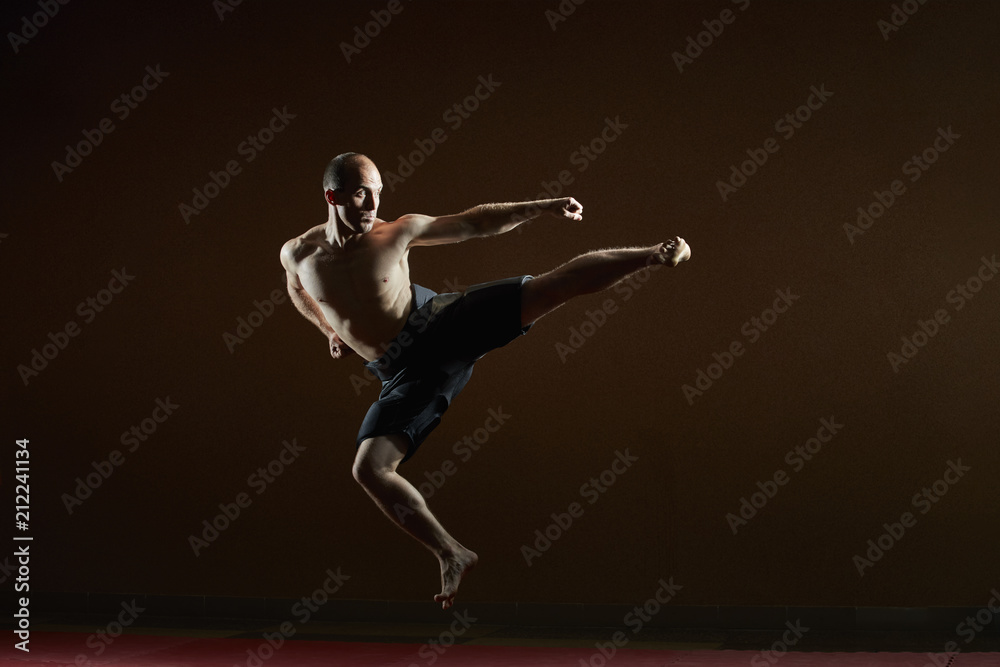 One athlete trains a kick in a jump One athlete trains a kick in a jump