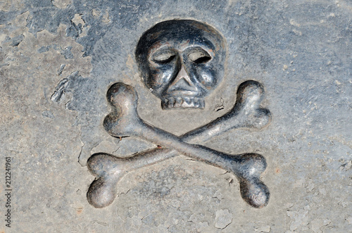 Skull with bones on the tombstone photo