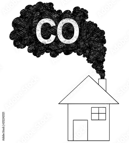 Vector artistic pen and ink drawing illustration of smoke coming from house chimney into air. Environmental concept of carbon monoxide or CO pollution.