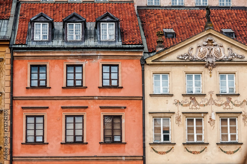 old beautiful town houses; Sights of Warsaw;colorful houses with windows;