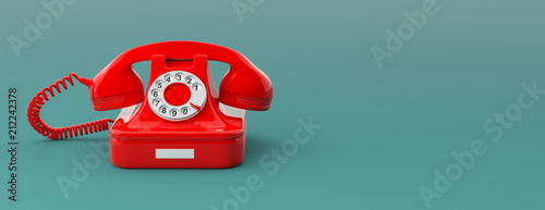 Red vintage telephone isolated on green blue background, copy space, banner. 3d illustration