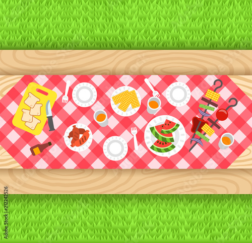 Summer barbecue picnic background. Vector flat illustration. Outdoor party banner. Grilled sausages, corn, watermelon, vegetables on skewers. BBQ food in plastic plates on wooden table with tablecloth
