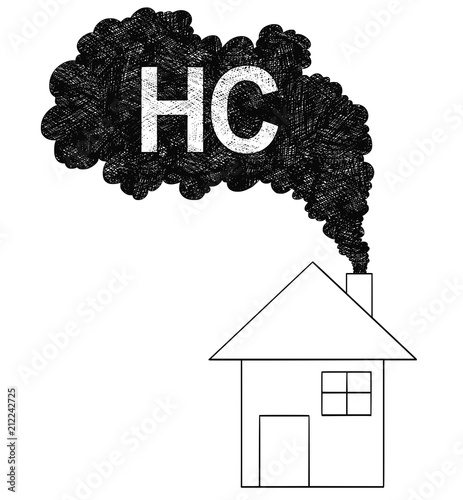 Vector artistic pen and ink drawing illustration of smoke coming from house chimney into air. Environmental concept of HC or hydrocarbon pollution.