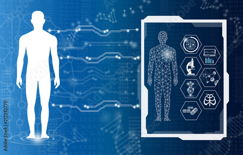 abstract background technology concept in blue light,brain and human body heal ,technology modern medical science in future and global international medical with tests analysis clone DNA human