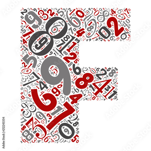 Vector conceptual red  gray and black playful funny education font made of number collection or group on character shapes isolated on white background. A modern art alphabet learning element design