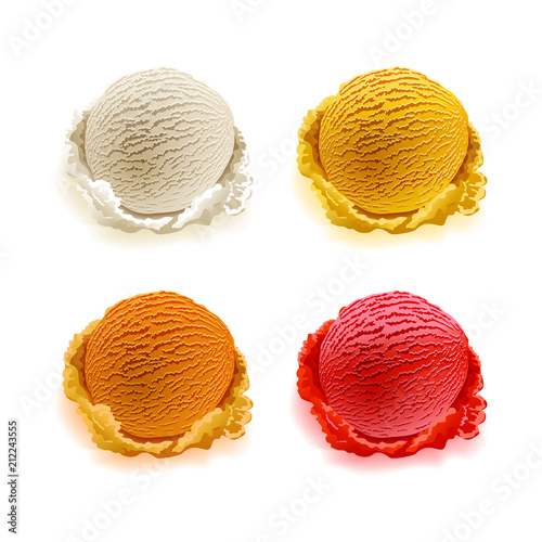 Set of ice cream scoops of different colors and flavours isolated on white background vector