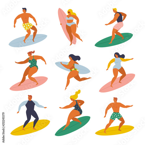Surf girls and boys surfing in the sea set. 70s style.