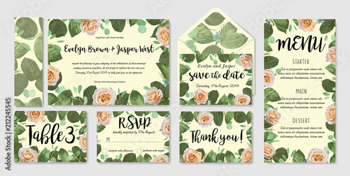 Wedding vector floral invite invitation thank you  rsvp  envelope  card watercolor design set  garden flower Rose  green leaves elegant greenery