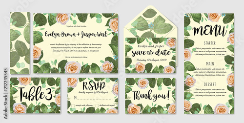 Wedding vector floral invite invitation thank you, rsvp, envelope, card watercolor design set: garden flower Rose  green leaves elegant greenery