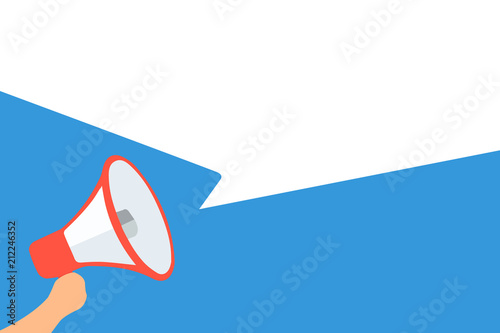 Flat design business illustration concept Digital marketing business megaphone for website and promotion banners. Cartoon human hand holding empty social media copy space text.