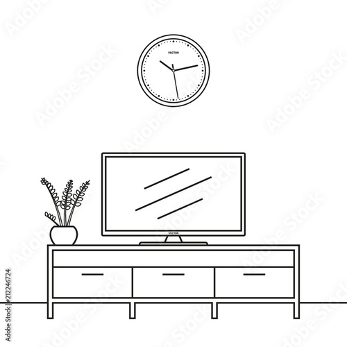 TV screen and TV stand in the line style design. Living room interior outline sketch. Vector illustration.