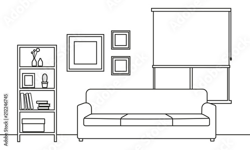 Living room interior outline sketch. Line style interior design with window and furniture: sofa, bookshelf, flowerpot, pictures on the wall. Vector illustration.