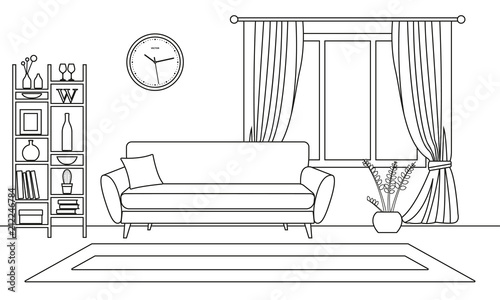 Living room interior outline sketch. Line style interior design with window and furniture: sofa, bookshelf, flowerpot, carpet. Vector illustration.