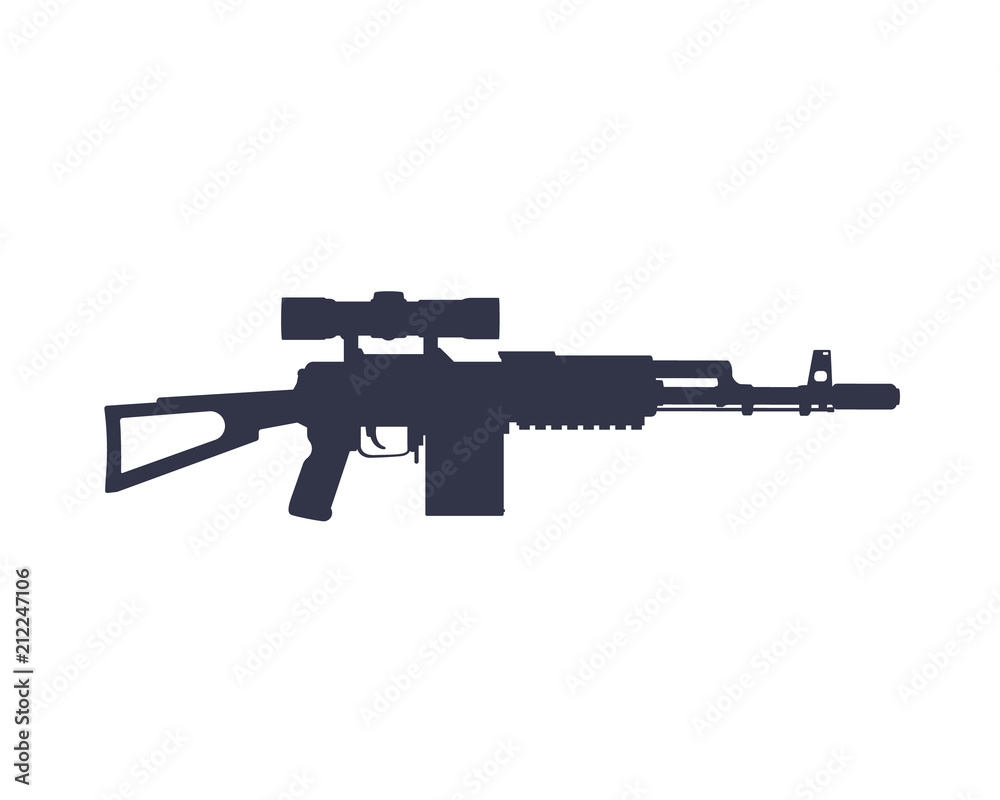 assault rifle, automatic gun with optical sight vector silhouette on white