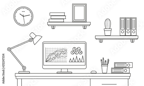 Office desk or table with computer outline sketch. Line style business workspace or interior. Vector illustration. 