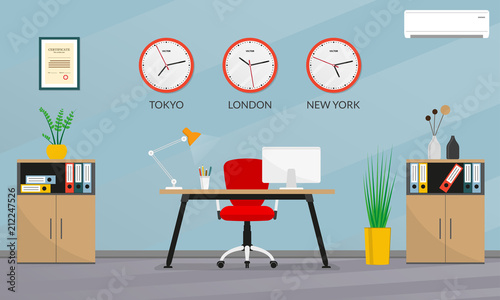 Office interior design. Modern business workspace with office chair, desk, computer, bookcase and wall clock set with different time zones. Vector illustration.