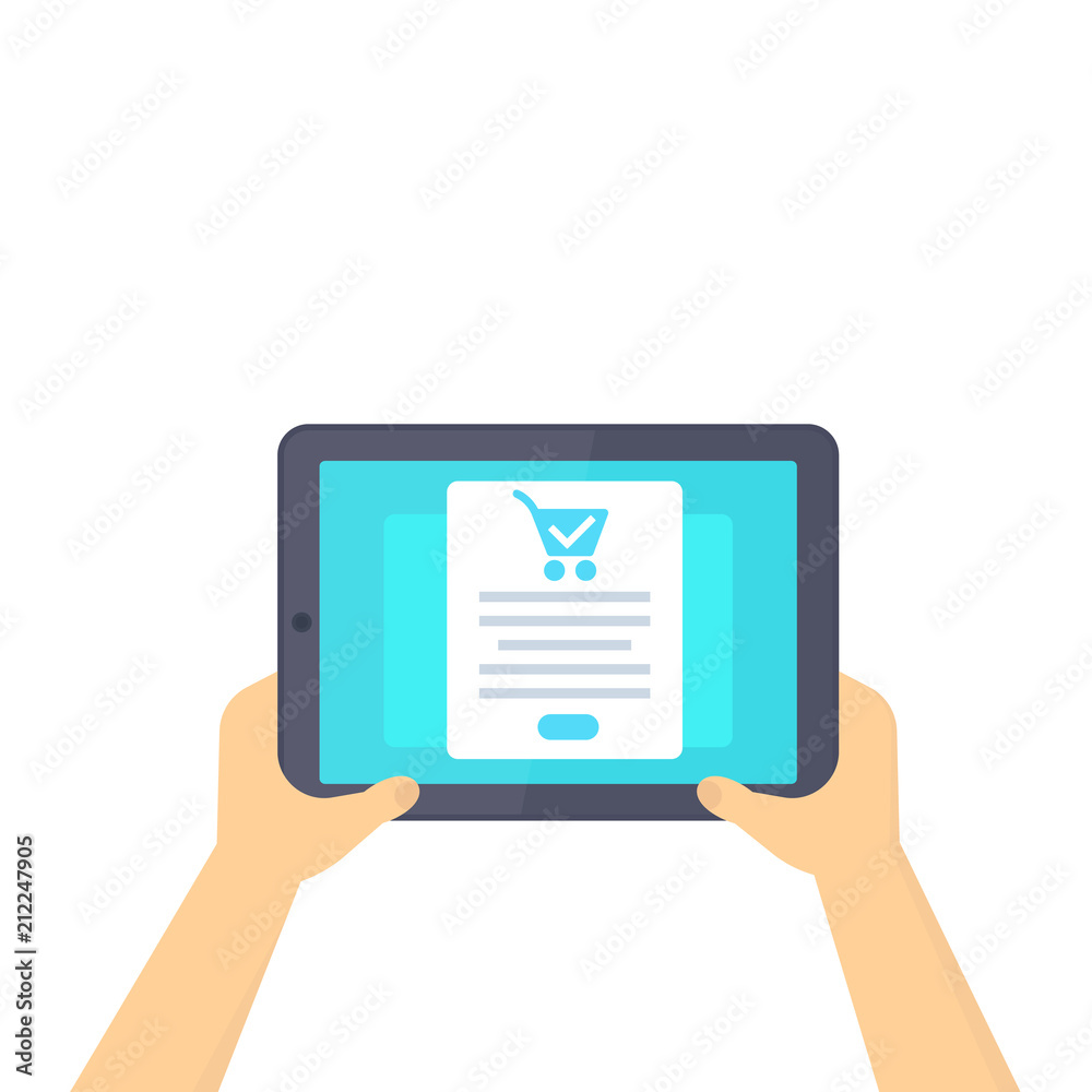 online order, purchase, ecommerce, tablet in hands, vector illustration online order, purchase, ecommerce, tablet in hands, vector illustration