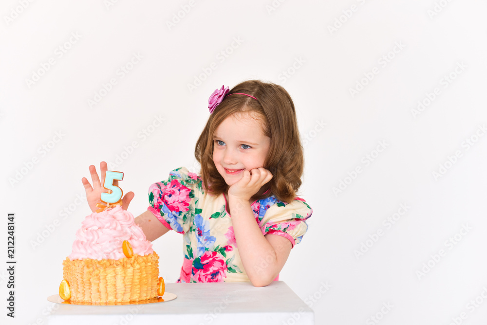 birthday girl five years old with cake. celebration. smash cake decorations, 5 birthday girl five years old with cake. celebration. smash cake decorations, 5