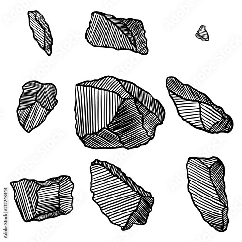 Rock stone hand drawn style. Big set of different boulders. Collection of illustrated cracked and damaged stones rubble architecture design. Gold nugget or prill. Vector.
