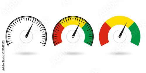 Speedometer icon set. Gauge and rpm meter logo. Vector illustration.