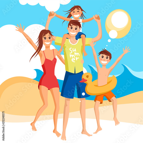 Happy family vacation together on the beach, vector illustration.