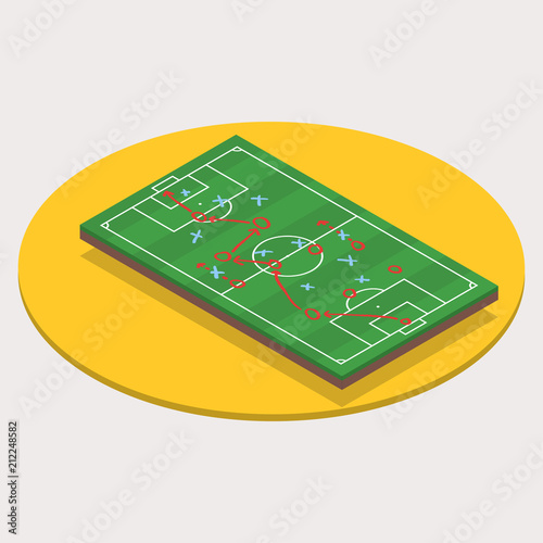 Soccer tactic board or strategy plan. Isometric football or soccer field with green grass. Vector illustration.