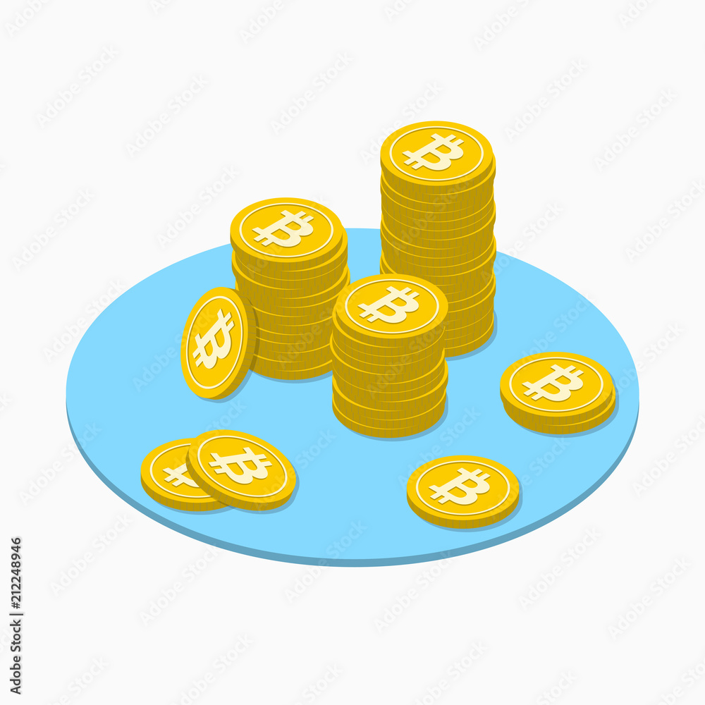 Bitcoin isometric concept with golden coins stack. Crypto currency bit coin and web money logo. Vector illustration.