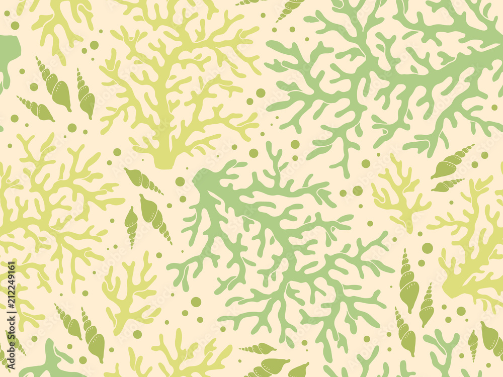 Seamless underwater vector pattern with repeated corals and shells in coral red palette. Hand drawn green colorful print for textile, paper design, backgrounds. Aquatic sketchy ornament