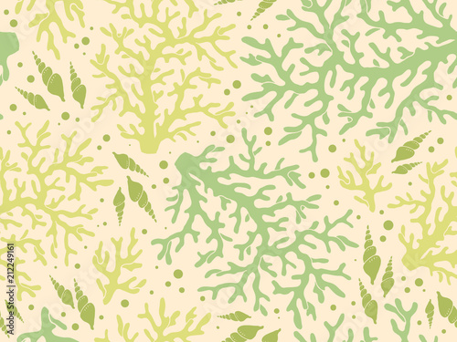 Seamless underwater vector pattern with repeated corals and shells in coral red palette. Hand drawn green colorful print for textile, paper design, backgrounds. Aquatic sketchy ornament