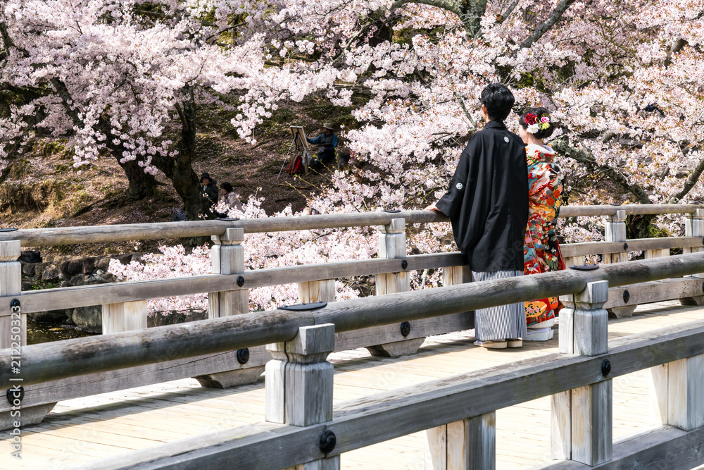 Traditionelles japanisches Paar im Kimono auf einer Brücke im Nara-Park, Japan