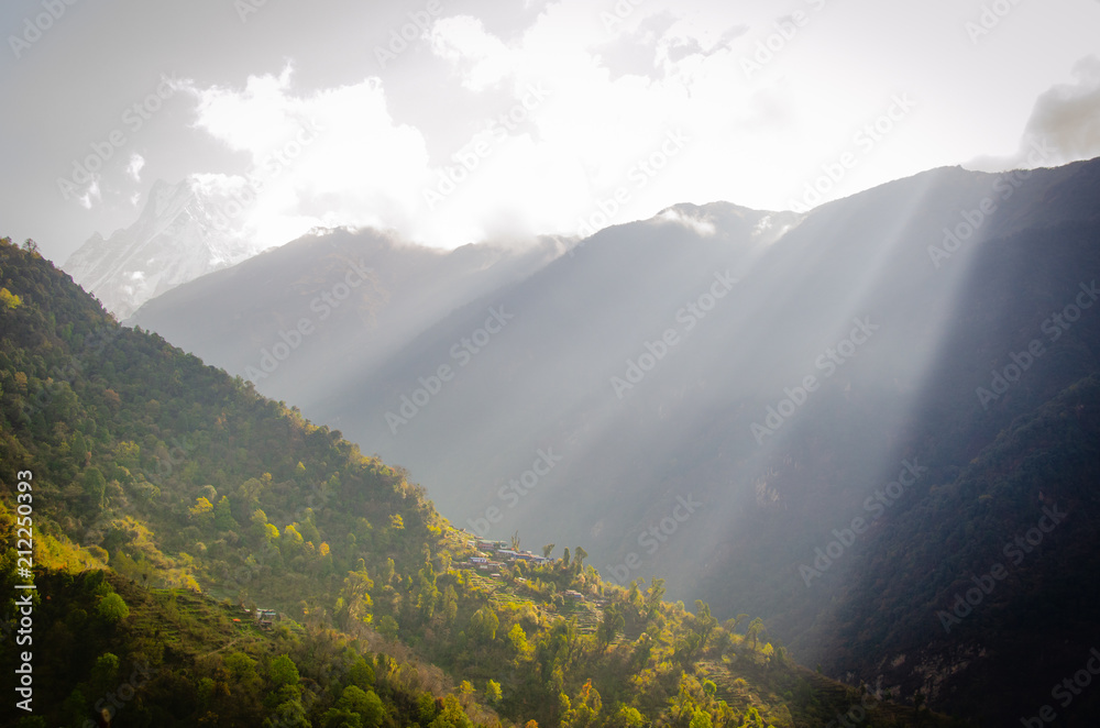 Panoramic mountain landscape. Mountain landscape in the Himalayas. The house on the way to the foothill of Annapurna range, Nepal Himalayas. travel concept and camping