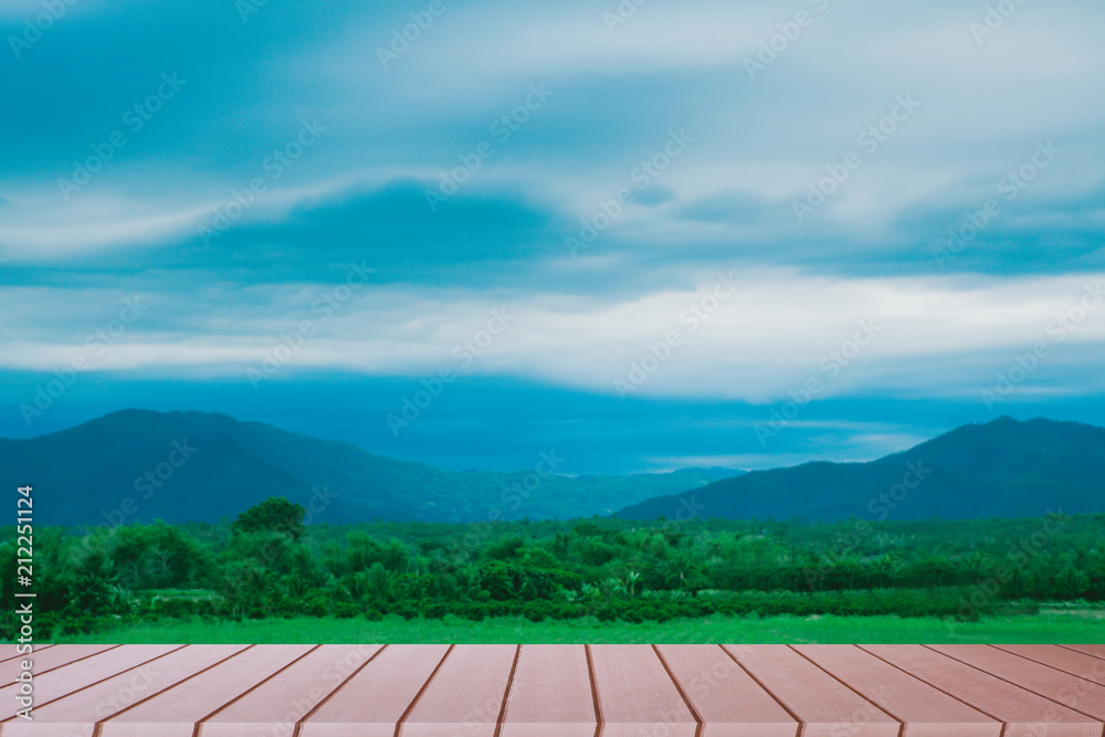 Empty wood table top on blurred landscape nature background. Empty wood table top on blurred landscape nature background.