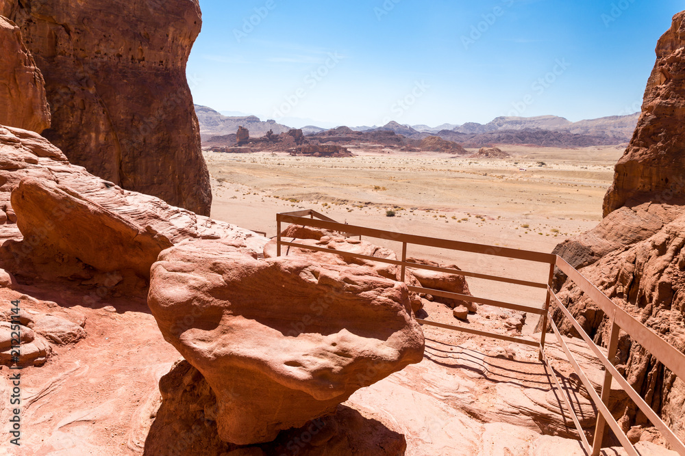 Desert Timna park mountain range cliffs landscape view, Israel